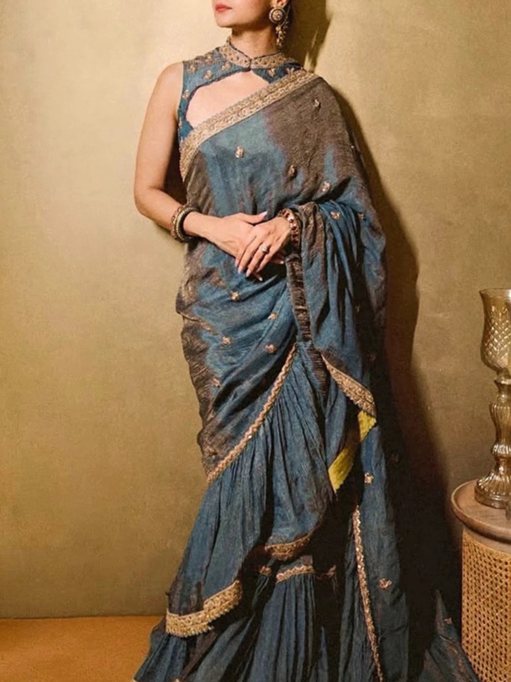 Punit Balana Mist Blue Banarasi silk Dabka Embroidered ruffled Saree, New with t